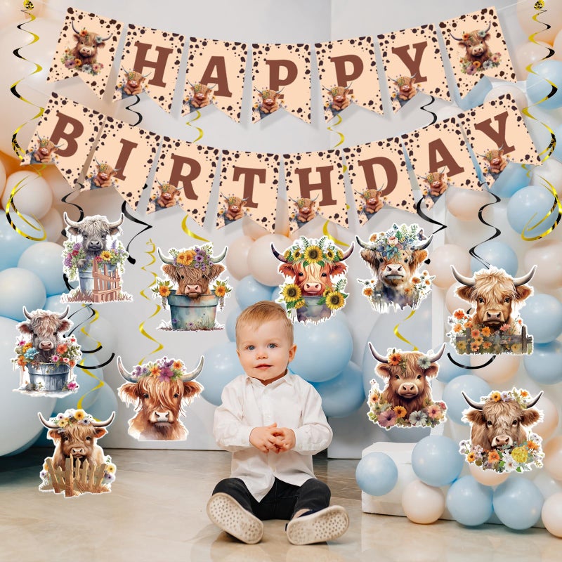 Rngmsi Highland Cow Birthday Decorations, 16PCS Highland Cow Birthday Banners Hanging Swirls, Happy Bday Chic Cowboy Party Decor Supplies - Image 5