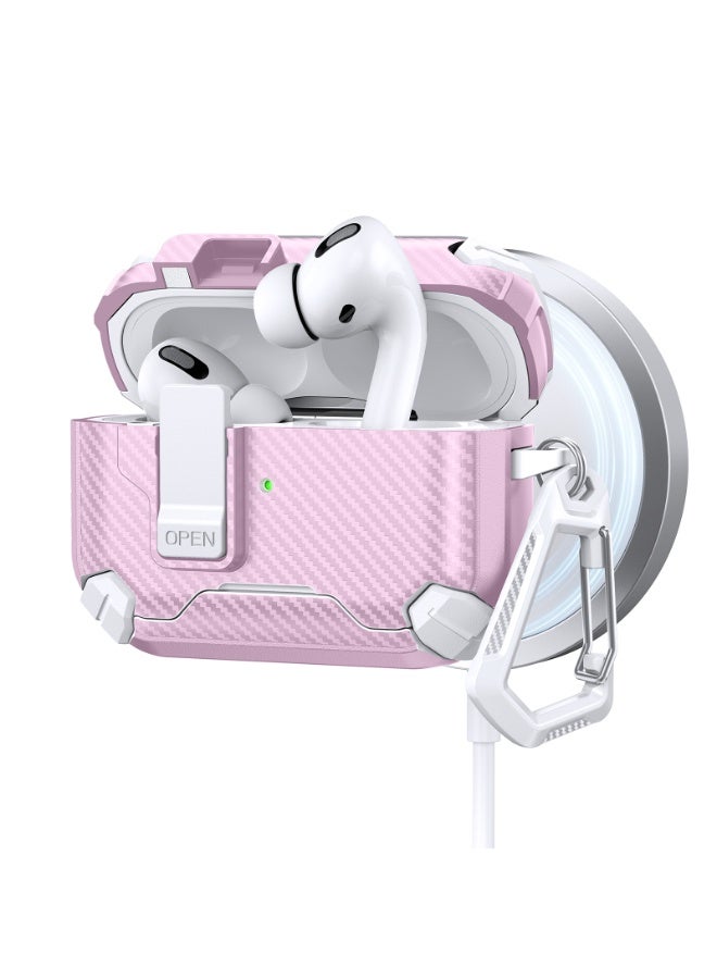 حافظة سماعة أذن MagSafe مغناطيسية بنمط ألياف الكربون لسماعات AirPods Pro 2/AirPods Pro، باللون الوردي