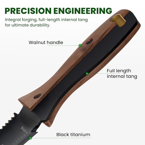 PERWIN Hori Hori Garden Knife, Garden Tools with Sheath, 6" Stainless Steel Blade with Cutting Edge, Full-Tang Walnut Ergonomic Wood Handle with Hanging Hole, Weeding, Planting, Digging - Image 5