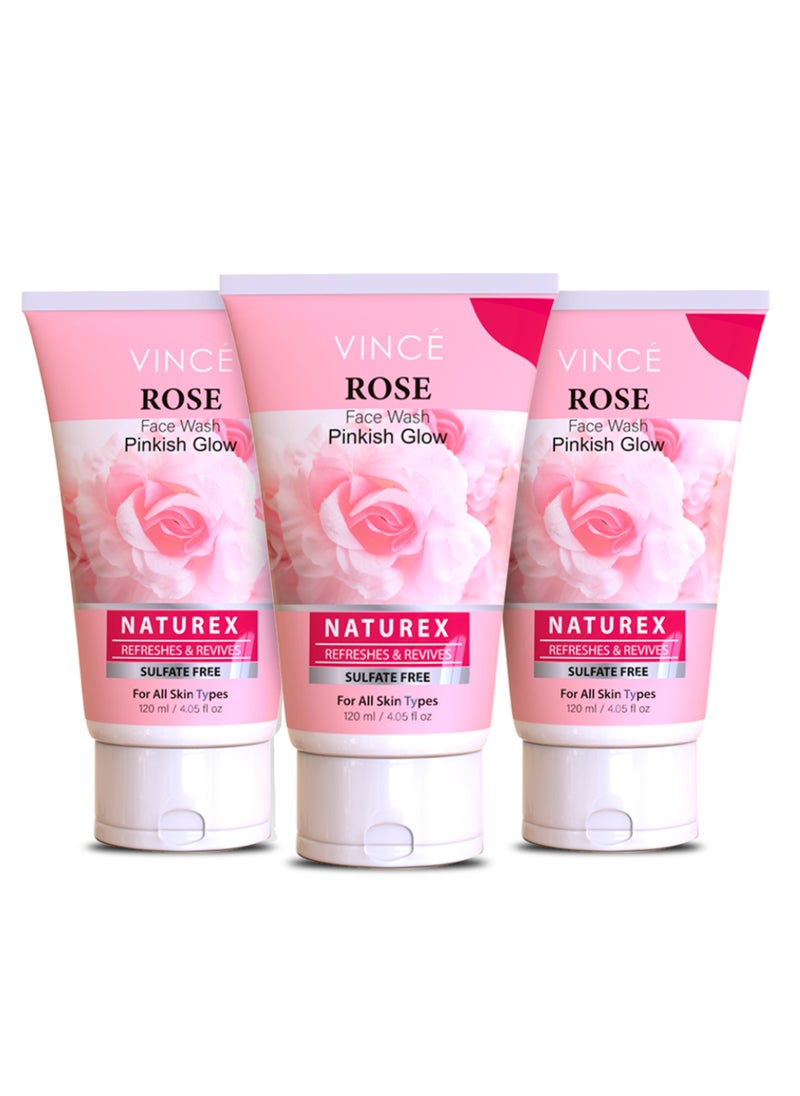 VINCE - Rose Face Wash - Pack of 3 – Pinkish Glow – Deep Cleansing & Hydrating – Removes Dirt & Impurities, Enhances Skin Tone & Natural Radiance, Leaves Skin Soft & Nourished – Sulfate-Free, 120ml Each - Image 1