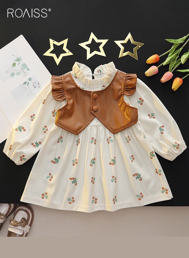 roaiss Toddler Girls Stylish Dress, Puff Sleeve Round Neck A-line Dress for Little Girls, Skin-friendly Breathable Frock with Floral Patterns, Suitable for Daily Wear and Outdoor Activities - Image 1