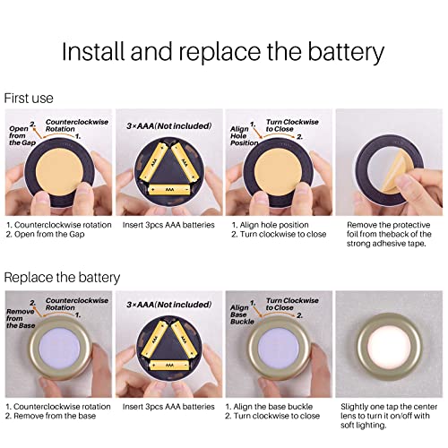 STAR-SPANGLED 5 Pack 2.8” Push Tap Lights, Stick on Touch Puck Lights AAA Battery Operated, LED Sticky Button Lamps for Classroom, Kitchen, Under Cabinet, Closet (Golden, Warm White) - Image 5