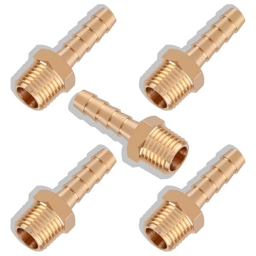 Boeray 5pcs Brass Hose Barb Fittings 1/4 Inch Barb to 1/4 Inch NPT Male Thread Air Hose Fittings Adapter Connector Water Fuel Air Line Fittings 1/4” Barb × 1/4” NPT Brass Fittings - Image 1