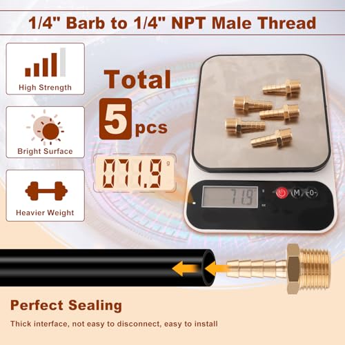 Boeray 5pcs Brass Hose Barb Fittings 1/4 Inch Barb to 1/4 Inch NPT Male Thread Air Hose Fittings Adapter Connector Water Fuel Air Line Fittings 1/4” Barb × 1/4” NPT Brass Fittings - Image 5