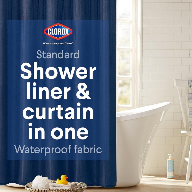 Clorox 2-in-1 Bathroom Shower Curtain Liner, Durable Fabric, Weighted Magnets for Bath Water Control, Washable Premium Quality, Modern - 72" x 72" Blue - Image 1
