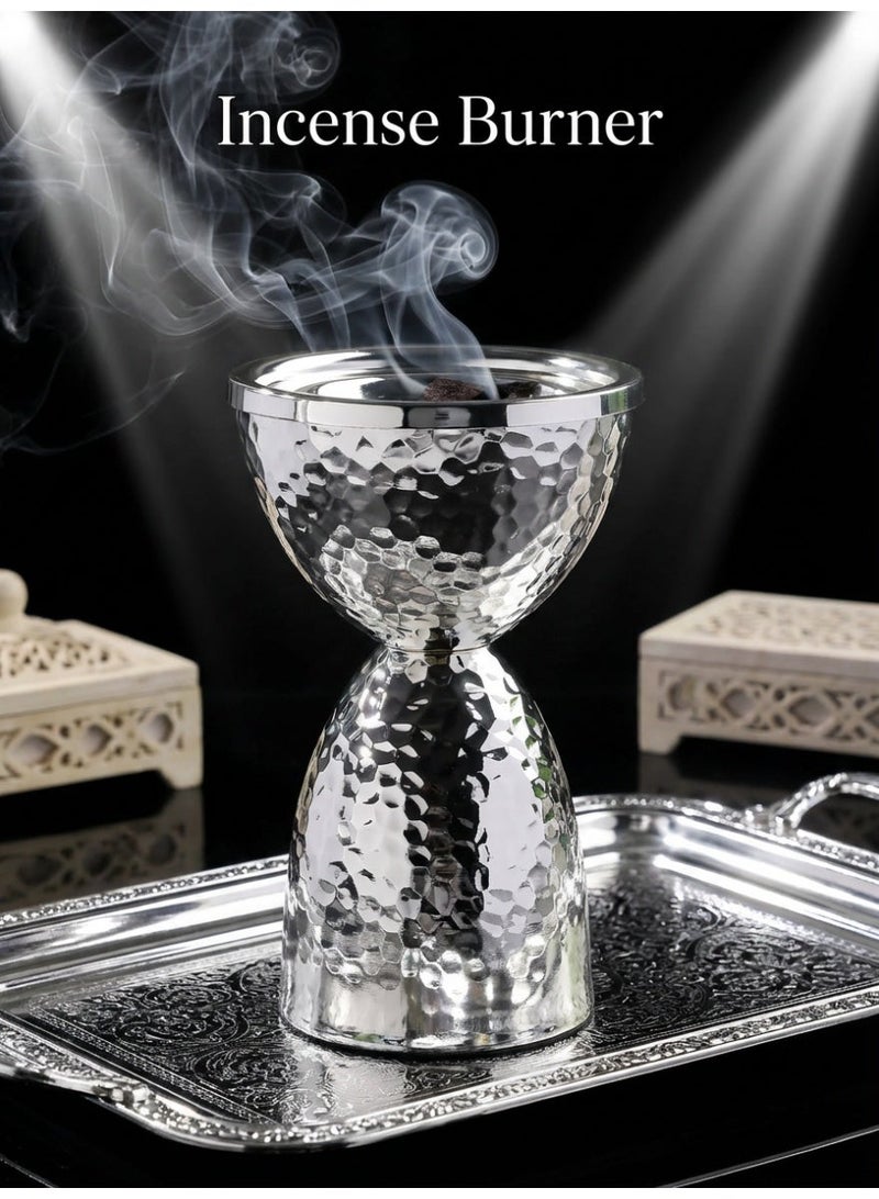 Elegant Metal Incense Burner, Traditional Bakhoor Burner, Incense Holder Aroma Diffuser, Simple Hammered Design, Electroplating Process Suitable For Home Decoration Room decor/Table decor Family Essential, Color Box Independent Packaging, Silvery/Graduation Gift/Eid al-Adha Gifts - Image 1