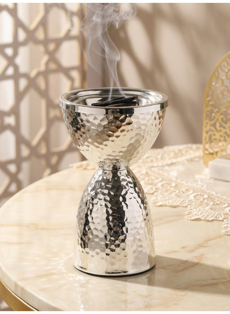 Elegant Metal Incense Burner, Traditional Bakhoor Burner, Incense Holder Aroma Diffuser, Simple Hammered Design, Electroplating Process Suitable For Home Decoration Room decor/Table decor Family Essential, Color Box Independent Packaging, Silvery/Graduation Gift/Eid al-Adha Gifts - Image 2