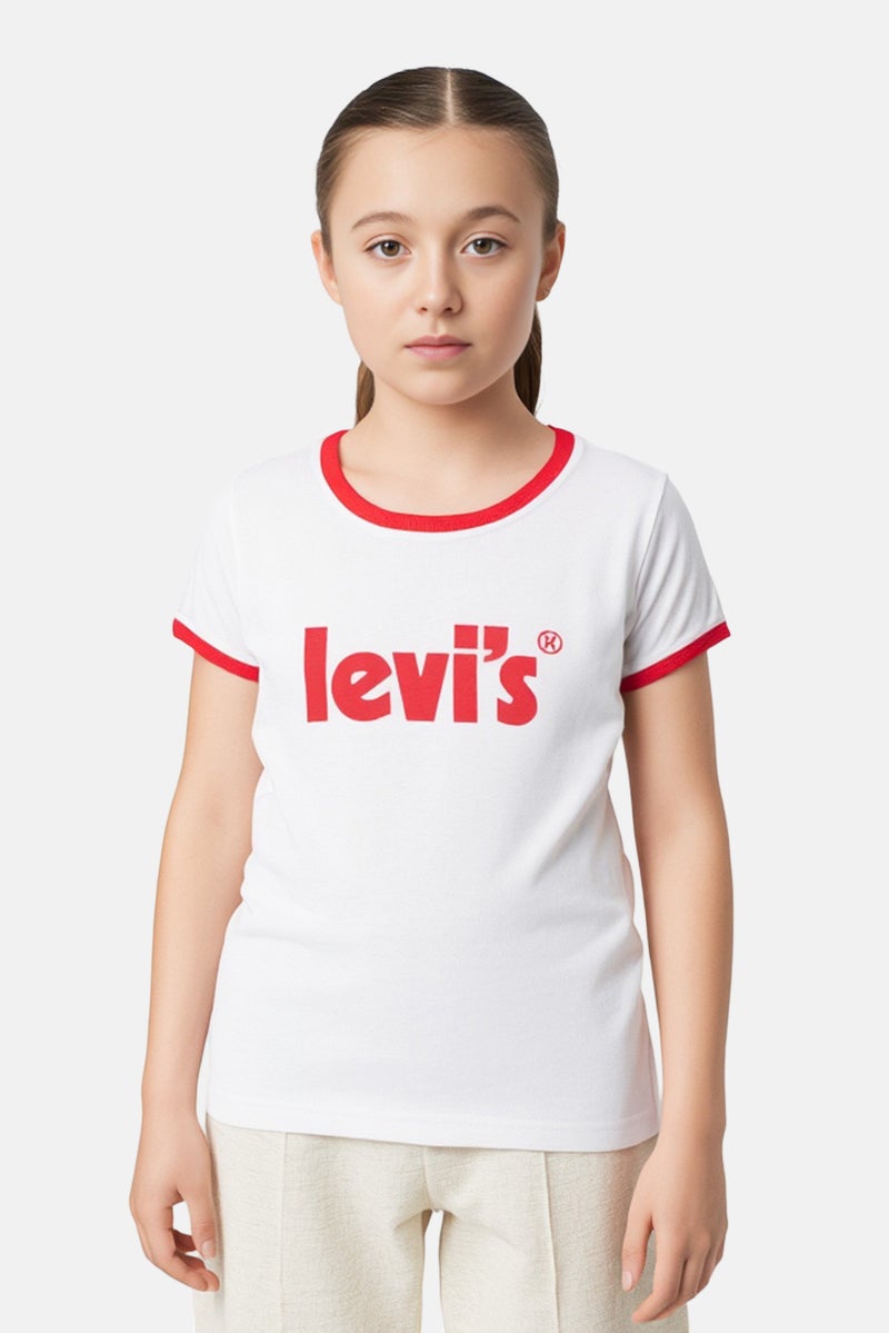 Levi's Kids Girl Round Neck Short Sleeve Brand Logo T-Shirt, Cream - Image 1