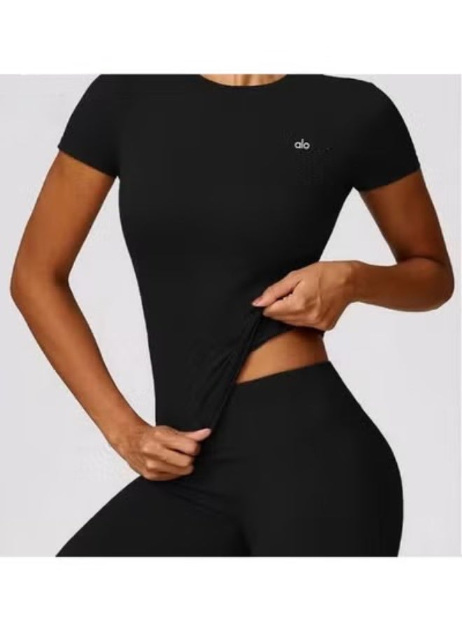 Alo Lady Sports Short Sleeve Quick Drying, Yoga Fitness Sportswear - Black - Image 2
