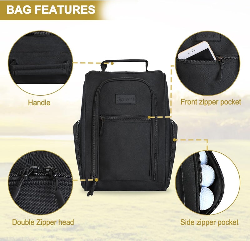 Goloni Ventilated Golf Shoe Bag Men Women Padded Travel Shoe Bag Sport Shoe Carrier Bags with Side Accessory Pockets for Socks, Tees, Golf Balls (Black) - Image 5