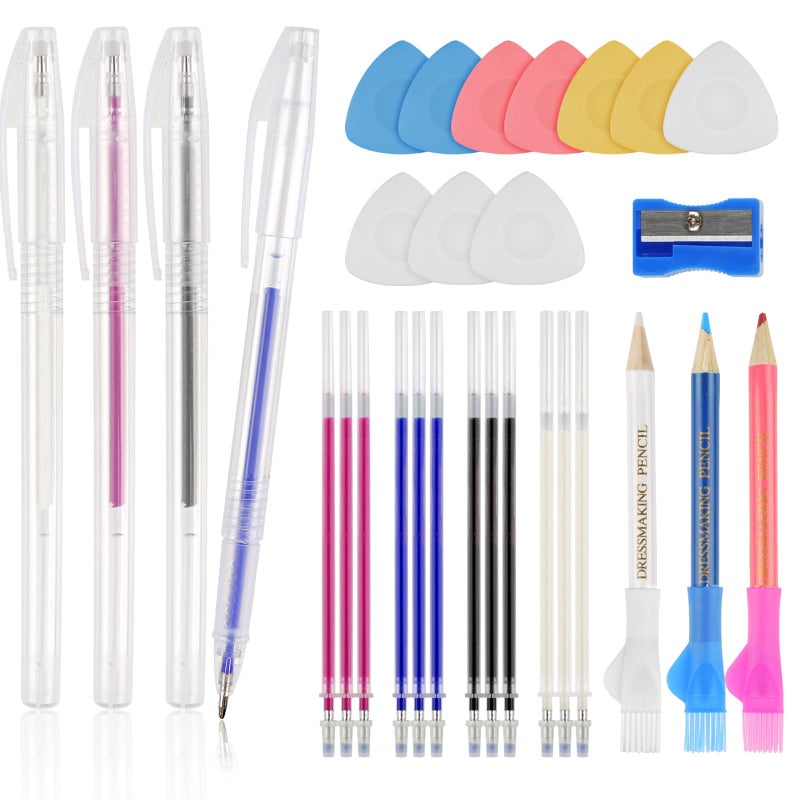Okxiri Fabric Markers Kit for Sewing & Quilting-10 Pcs Tailorâ€™s Chalks, 4 Pcs Heat Erasable Pens with Refills and 3 Pcs Water Soluble Fabric Pencils, Sewing Accessories Supplies - Image 1