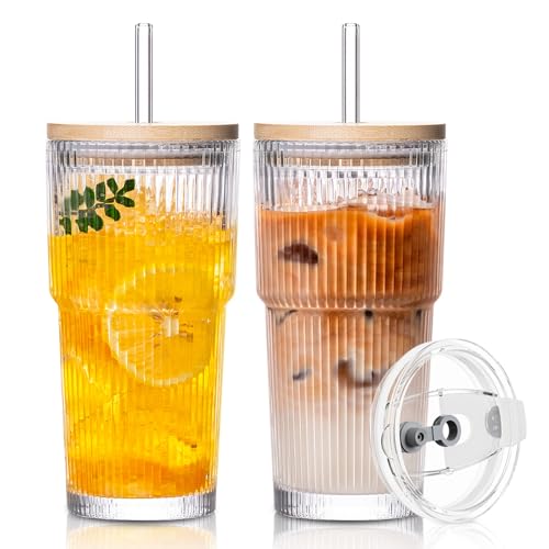 SoulTimes 20oz Glass Cups with Lids and Straws, Ribbed Glass Tumbler for Iced Coffee, Smoothie, Juice & Cold Drinks, Reusable Thick Glassware Set, Elegant Home & Travel Drinkware【2 Pack】 - Image 1