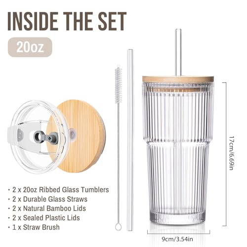 SoulTimes 20oz Glass Cups with Lids and Straws, Ribbed Glass Tumbler for Iced Coffee, Smoothie, Juice & Cold Drinks, Reusable Thick Glassware Set, Elegant Home & Travel Drinkware【2 Pack】 - Image 3