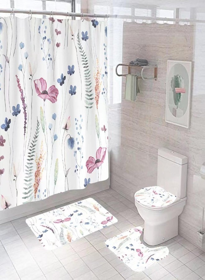 Mightree Bathroom Sets with Shower Curtain and Rugs 4pcs Sets, Waterproof Fabric Bathroom Curtain with 12 Hooks, Toilet Lid Cover and Bath Mat, Non-Slip Rug Foot Mat, Pink Flower, Large - Image 1