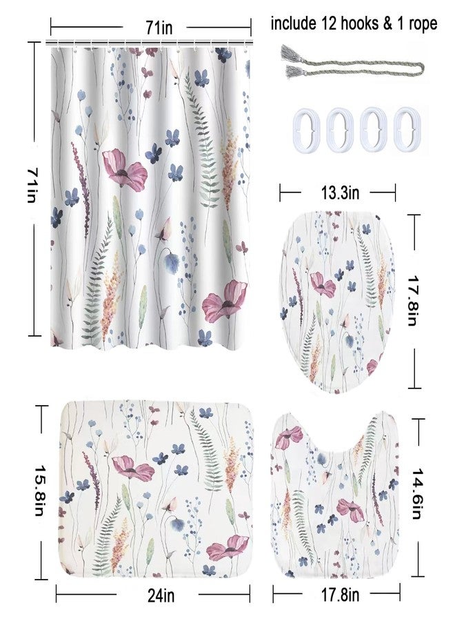 Mightree Bathroom Sets with Shower Curtain and Rugs 4pcs Sets, Waterproof Fabric Bathroom Curtain with 12 Hooks, Toilet Lid Cover and Bath Mat, Non-Slip Rug Foot Mat, Pink Flower, Large - Image 2