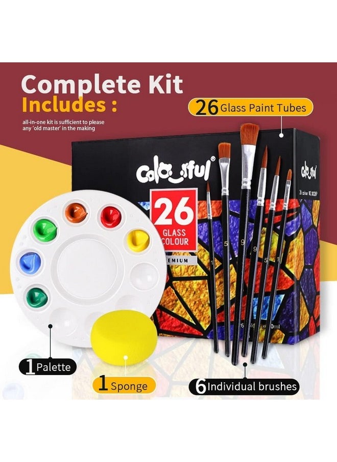 Colorful Stain Glass Paint Set With 6 Brushes 1 Palette & 1 Sponge 26 Colors Waterproof Permanent Glass Painting Kit For Arts On Wine Glassesbottle And Windows  - Image 2
