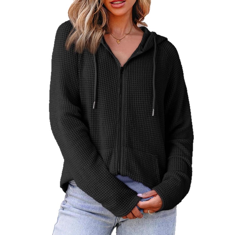 Women's Waffle Knit Hooded Drawstring Long Sleeve Sweatshirt Casual Pullover - Image 5
