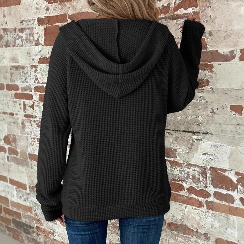 Women's Waffle Knit Hooded Drawstring Long Sleeve Sweatshirt Casual Pullover - Image 4