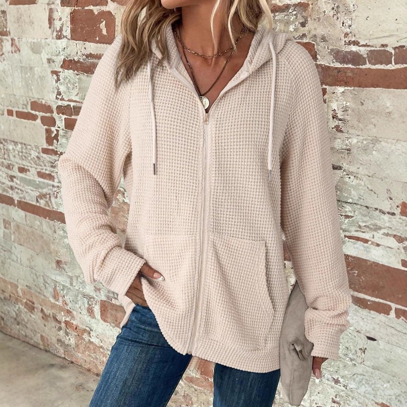 Women's Waffle Knit Hooded Drawstring Long Sleeve Sweatshirt Casual Pullover - Image 2