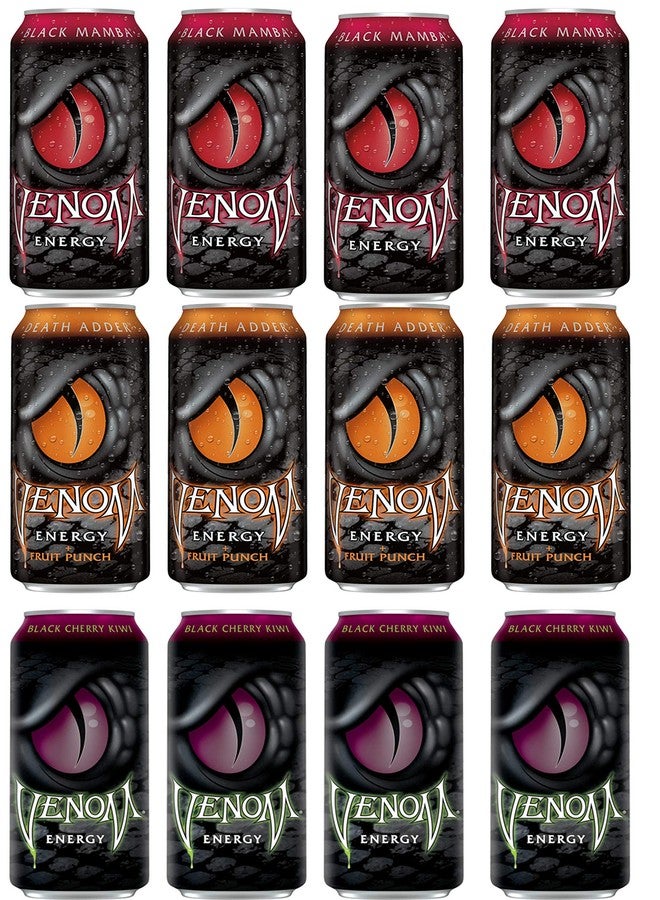 LUV-BOX Variety VENOM ENERGY DRINK pack , pack of 12 , 16 fl oz ,BLACK MAMBA ENERGY DRINK , DEATH ADDER ENERGY DRINK , BLACK CHERRY KIWI ENERGY DRINK