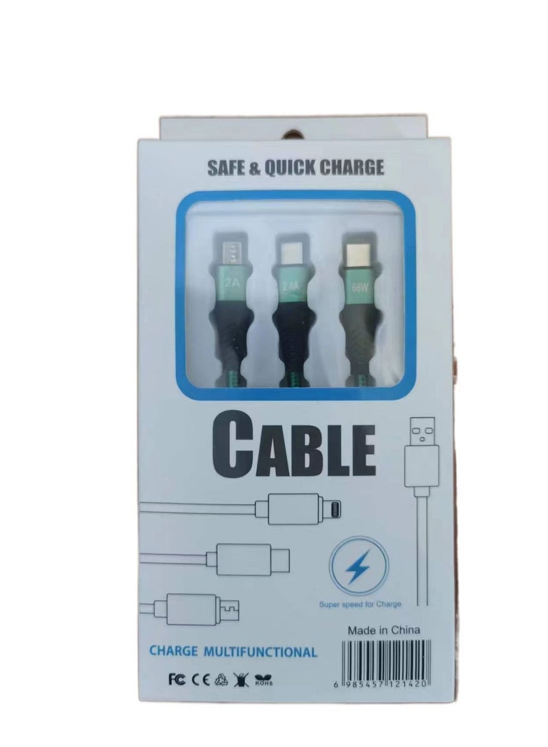 3-in-1 Super Fast Charging Data Cable Gift Charging Cable Multifunctional USB Weaving Green 1.2M - Image 1