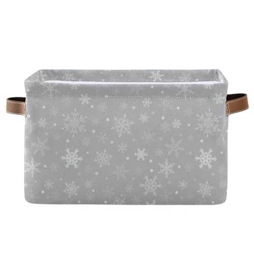 Wamika Winter Snowflake Gray Storage Basket with Waterproof Liner and PU Handles Christmas Snow Xmas Storage Bins Boxes 142 Collapsible Decorative Organizer Baskets for Bedroom Closet Office 1 Pack - Image 1