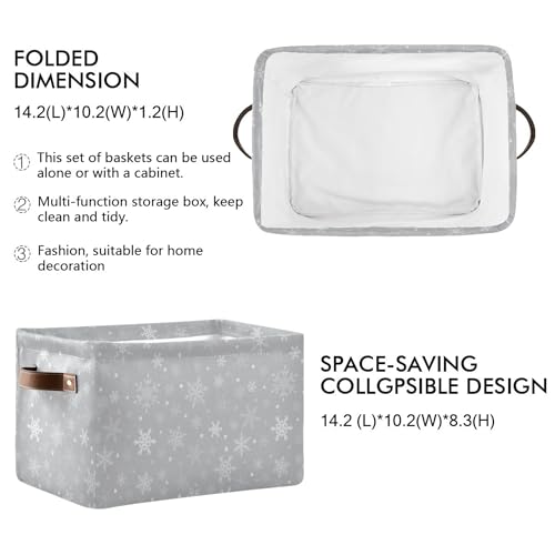 Wamika Winter Snowflake Gray Storage Basket with Waterproof Liner and PU Handles Christmas Snow Xmas Storage Bins Boxes 142 Collapsible Decorative Organizer Baskets for Bedroom Closet Office 1 Pack - Image 3