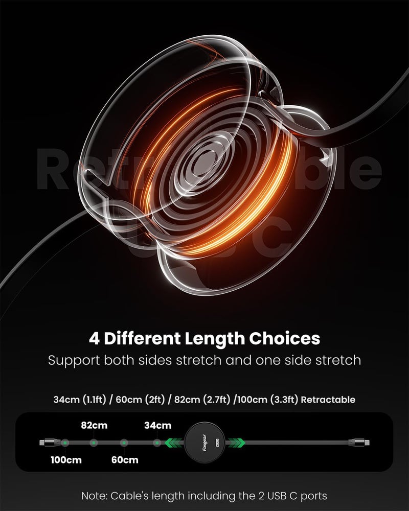 كابل Fasgear 240W USB C إلى USB C بطول 3.3 قدم قابل للسحب شحن سريع 5A سلك Type C لشاحن USB C بقدرة 100 واط [طول قابل للتمدد 4 مرات] متوافق مع آيفون 15، وحدة تحكم PS5، ثينك باد إكس 1 (أسود/فضي) - Image 3