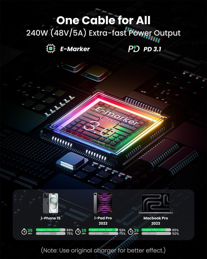 كابل Fasgear 240W USB C إلى USB C بطول 3.3 قدم قابل للسحب شحن سريع 5A سلك Type C لشاحن USB C بقدرة 100 واط [طول قابل للتمدد 4 مرات] متوافق مع آيفون 15، وحدة تحكم PS5، ثينك باد إكس 1 (أسود/فضي) - Image 2