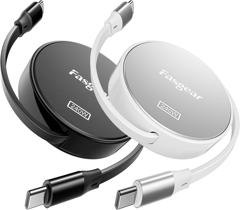 كابل Fasgear 240W USB C إلى USB C بطول 3.3 قدم قابل للسحب شحن سريع 5A سلك Type C لشاحن USB C بقدرة 100 واط [طول قابل للتمدد 4 مرات] متوافق مع آيفون 15، وحدة تحكم PS5، ثينك باد إكس 1 (أسود/فضي) - Image 1