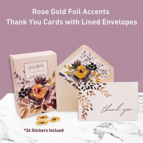 mudrit 20 Blank Gold Foil Thank You Cards with Liner Envelopes & Floral Stickers for Weddings, Bridal Shower, Engagement, Baby Shower, Business - Image 2