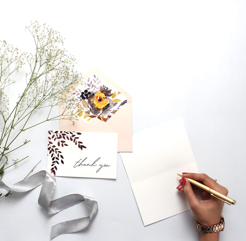 mudrit 20 Blank Gold Foil Thank You Cards with Liner Envelopes & Floral Stickers for Weddings, Bridal Shower, Engagement, Baby Shower, Business - Image 5