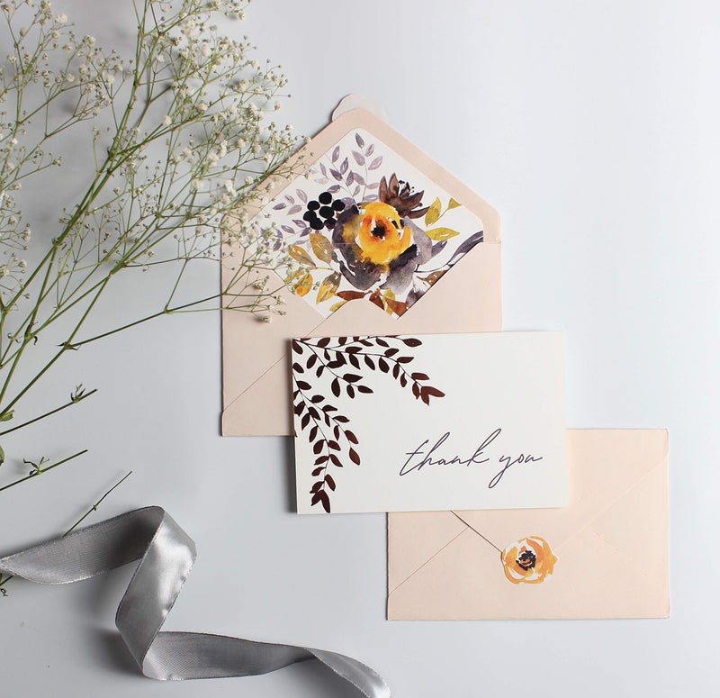 mudrit 20 Blank Gold Foil Thank You Cards with Liner Envelopes & Floral Stickers for Weddings, Bridal Shower, Engagement, Baby Shower, Business - Image 3