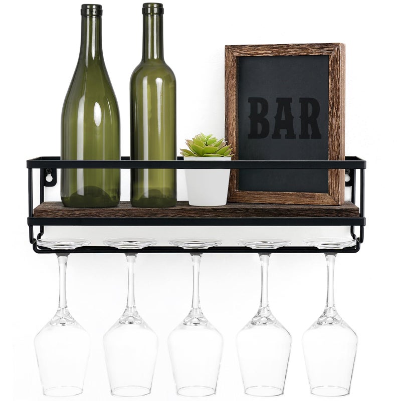 Mkono Mkono Wall Mounted Wine Rack  Bottle  Glass Holder Wood Rustic Floating Racks with Stemware Hanger Modern Plants Photos Wine Bottles Display Wall Storage Shelf for Kitchen Dining Room Home Bar
