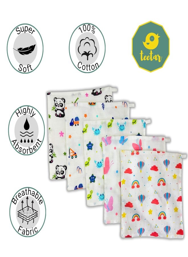 TEETAR 100% Muslin Cotton Face Wipes for Babies - Pack of 5, Soft Washable Hankies, Multipurpose Wash Cloths, Burp Cloths, Bibs & Towels (Assorted Prints) - Image 5