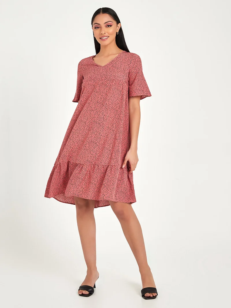 Styli Short Sleeves Animal Print A-Line Knee Length Dress