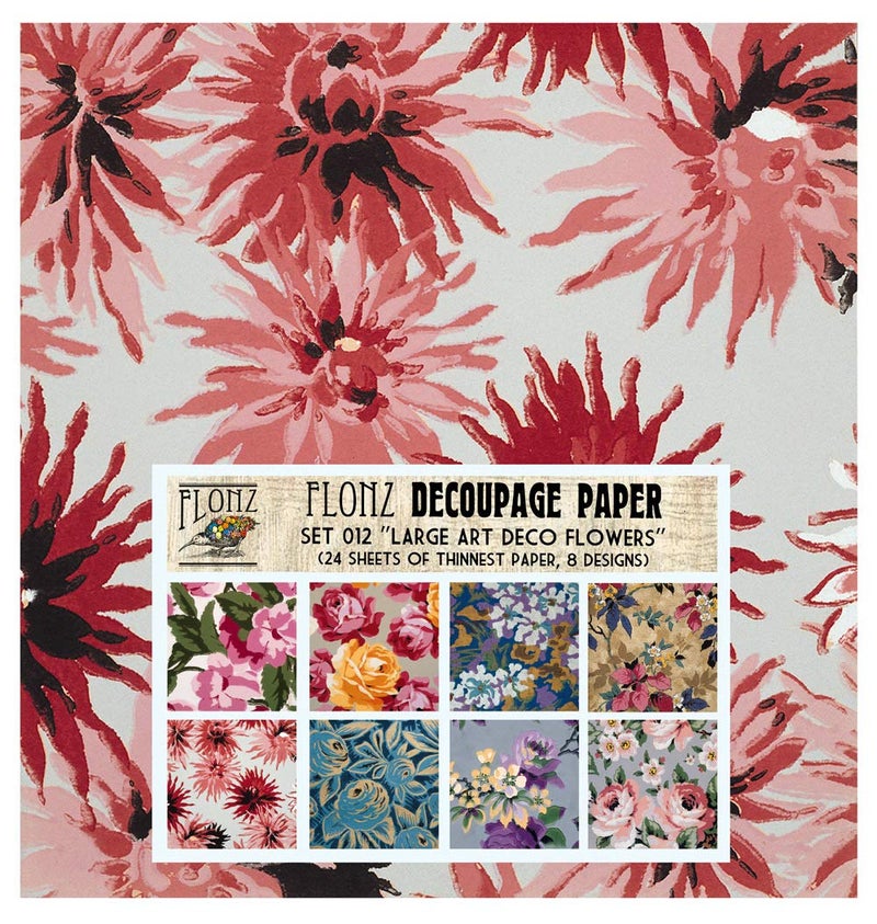 Decoupage Paper Pack (24 Sheets 6"x6") Large Flowers Art Deco FLONZ Vintage Styled Paper for Decoupage and Craft
