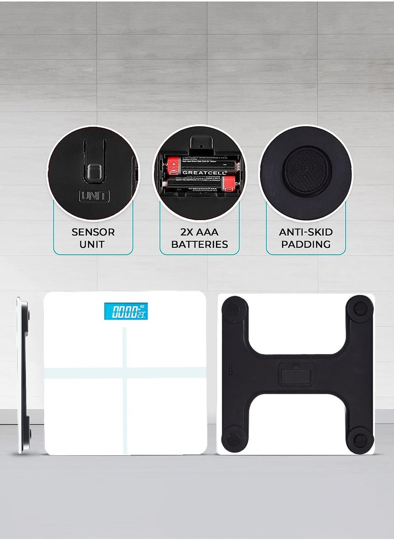 MileMelo - Digital Bathroom Weighing Scale with LCD Panel & Thick Tempered Glass, Electronic Weight Machine for Human Body 180kg White/Silver - Image 1