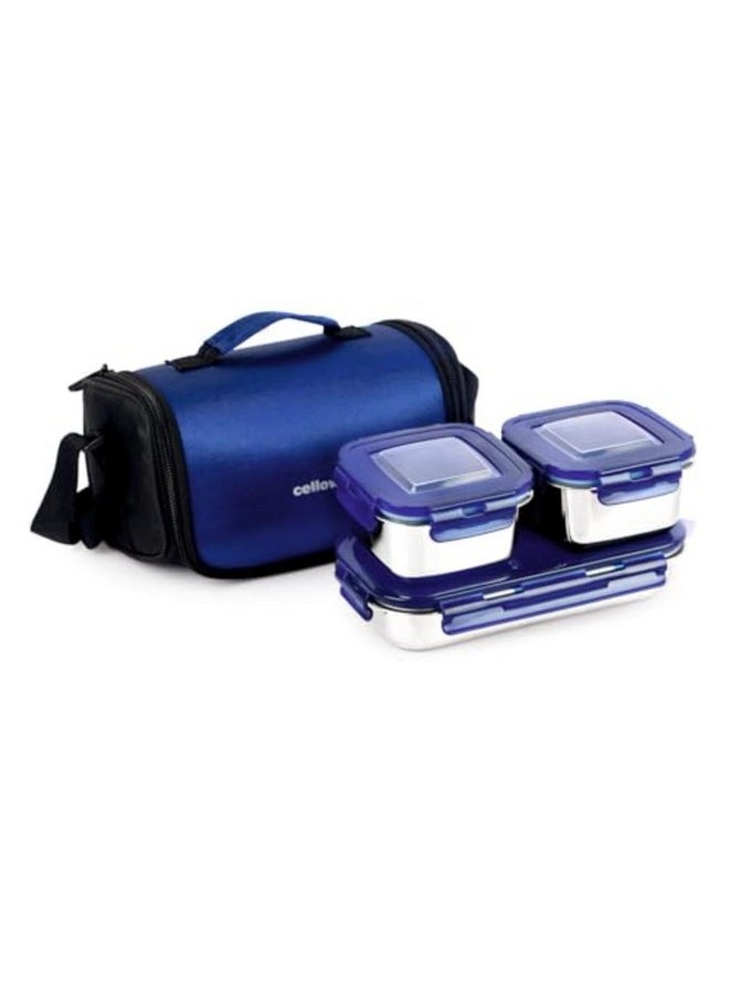 Cello - CELLO Swag Lunch Box with Inner Steel Set of 3 with Bag (Capacities - 355mlx 2 + 570ml x 1), Blue | Tiffin Box with Jacket | Leakproof | Easy to Carry | Ideal for Office, School, College - Image 1