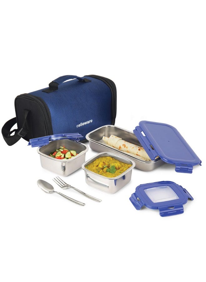 Cello - CELLO Swag Lunch Box with Inner Steel Set of 3 with Bag (Capacities - 355mlx 2 + 570ml x 1), Blue | Tiffin Box with Jacket | Leakproof | Easy to Carry | Ideal for Office, School, College - Image 1