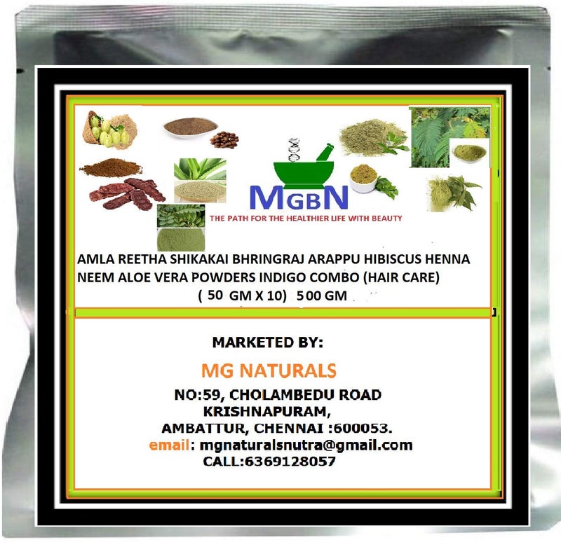 MGBN THE PATH FOR THE HEALTHIER LIFE WITH BEAUTY Mgbn Amla Reetha Shikakai Bhringraj Arappu Hibiscus Henna Neem Aloe Vera Indigo Powders Combo Hair Care 50 Gm X 10 500 Gm - Image 1