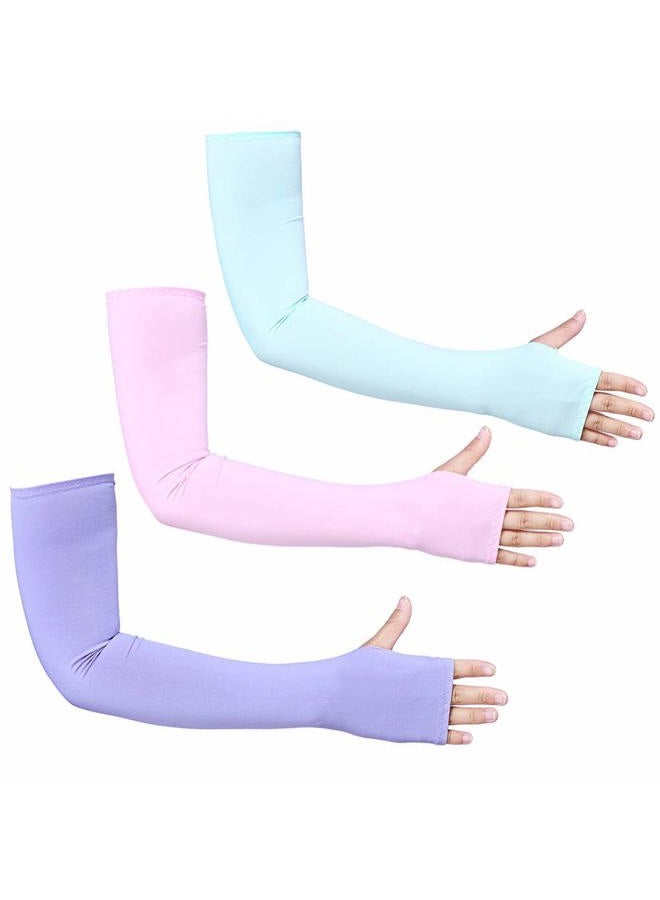 Bacophy 3 Pairs Arm Sleeves with Thumb Holes Women Men UV Protection Cooling, UPF 50 Compression Long Arm Cover, 3 Pairs Blue+pink+purple, One Size Fit - Image 1