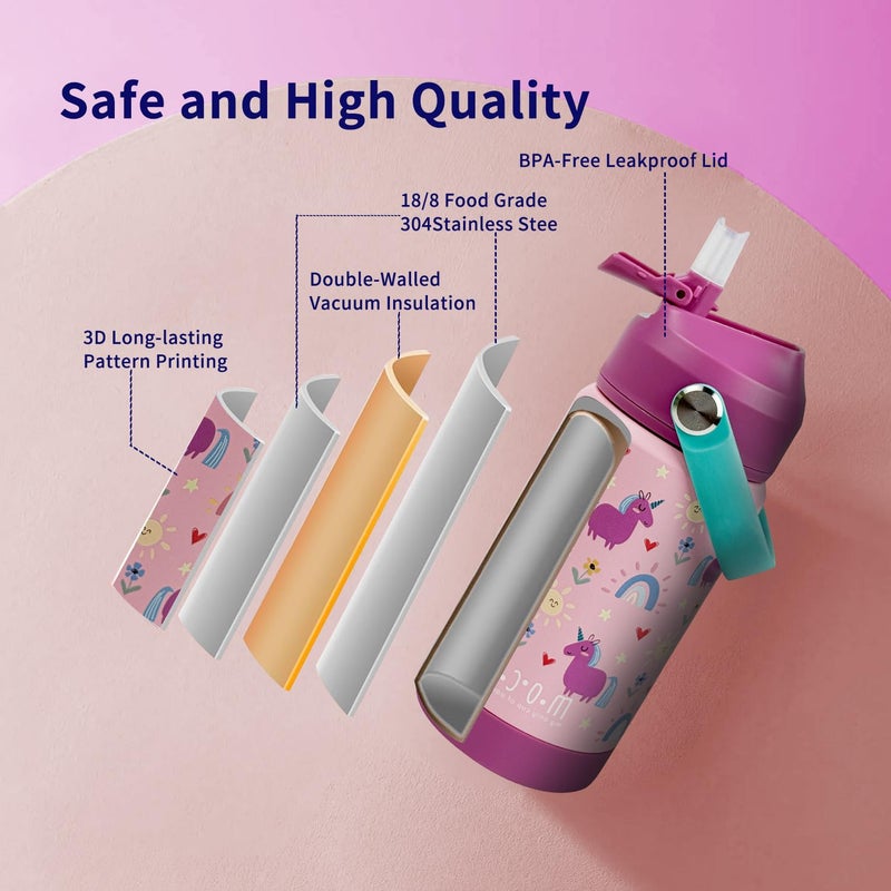 Moca Kids Water Bottle 350ml | Hot&Cold Stainless Steel Sipper Bottle for Kids with Soft Nozzle |Boys & Girls KIds Leak-Proof Bottle for School & Travel | Non-Slip Base (LuLu) - Image 2
