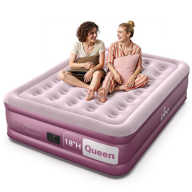 iDOO Air Mattress Queen with Built in Pump, Blow up Mattress, 18 Raised Inflatable Mattress for Home Camping and Guest Bed, Upgraded Comfort Surface Air Bed Queen Size, Colchones Inflables, Pink - Image 1