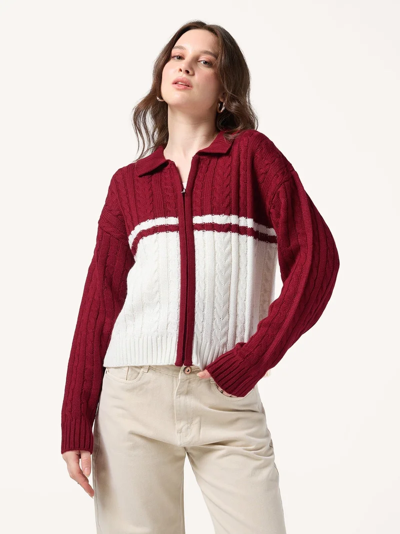 Outzidr Red Colourblock Chunky Cardigan