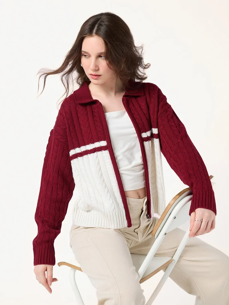 Outzidr Red Colourblock Chunky Cardigan