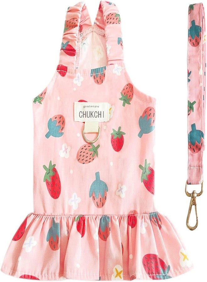 CHUKCHI Strawberry Dog Dress Harness and Leash Set Cute Princess Dress Fruit Print Puppy Dresses Girl Dog Clothes for Small Dogs Cats Chihuahua Yorkie Pink Cotton L, Chest 15", Fits 7-9 lbs - Image 1