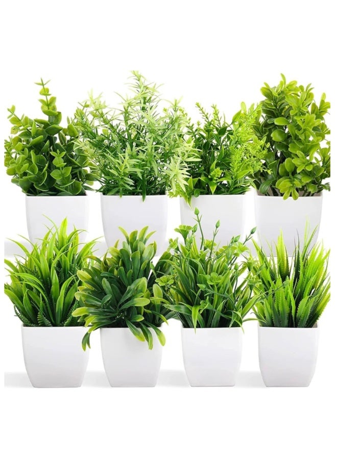 مجموعة من 8 نباتات اصطناعية صغيرة في أصص – ديكور أنيق باللون الأخضر للمنزل والمكتب - Image 1