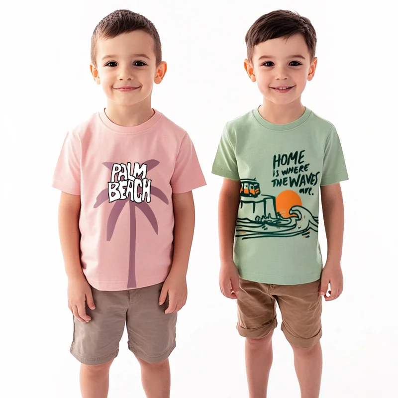 Nautinati Nautinati Boys' Pack of 2 Cotton Beach Graphic Printed T-shirts