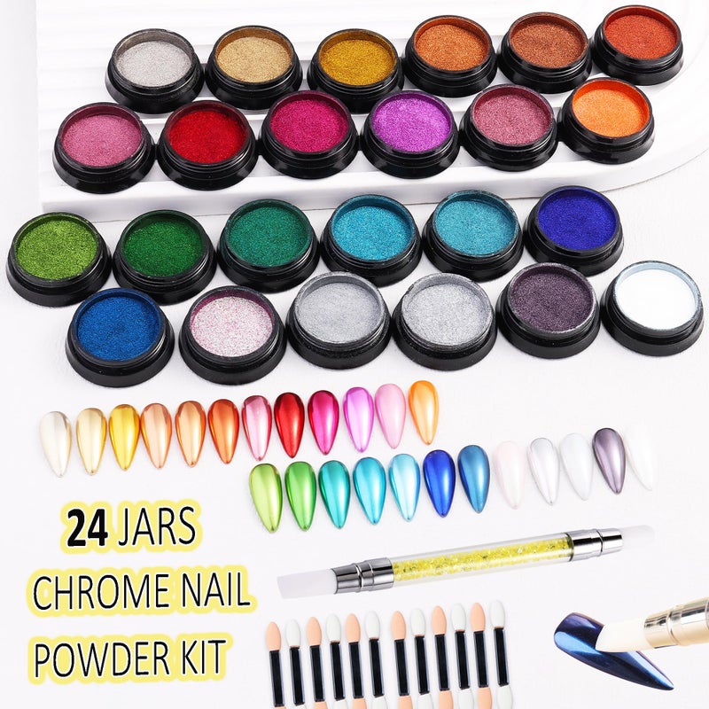 FSpronail 24 Colors Chrome Nail Powder Kit Mirror Effect Gold Silver Red Green Black Metallic Chrome Powder for Nails with Silicone Pen Applicator Brush Extra Fine Glitter Powder Manicure Supplies - Image 2
